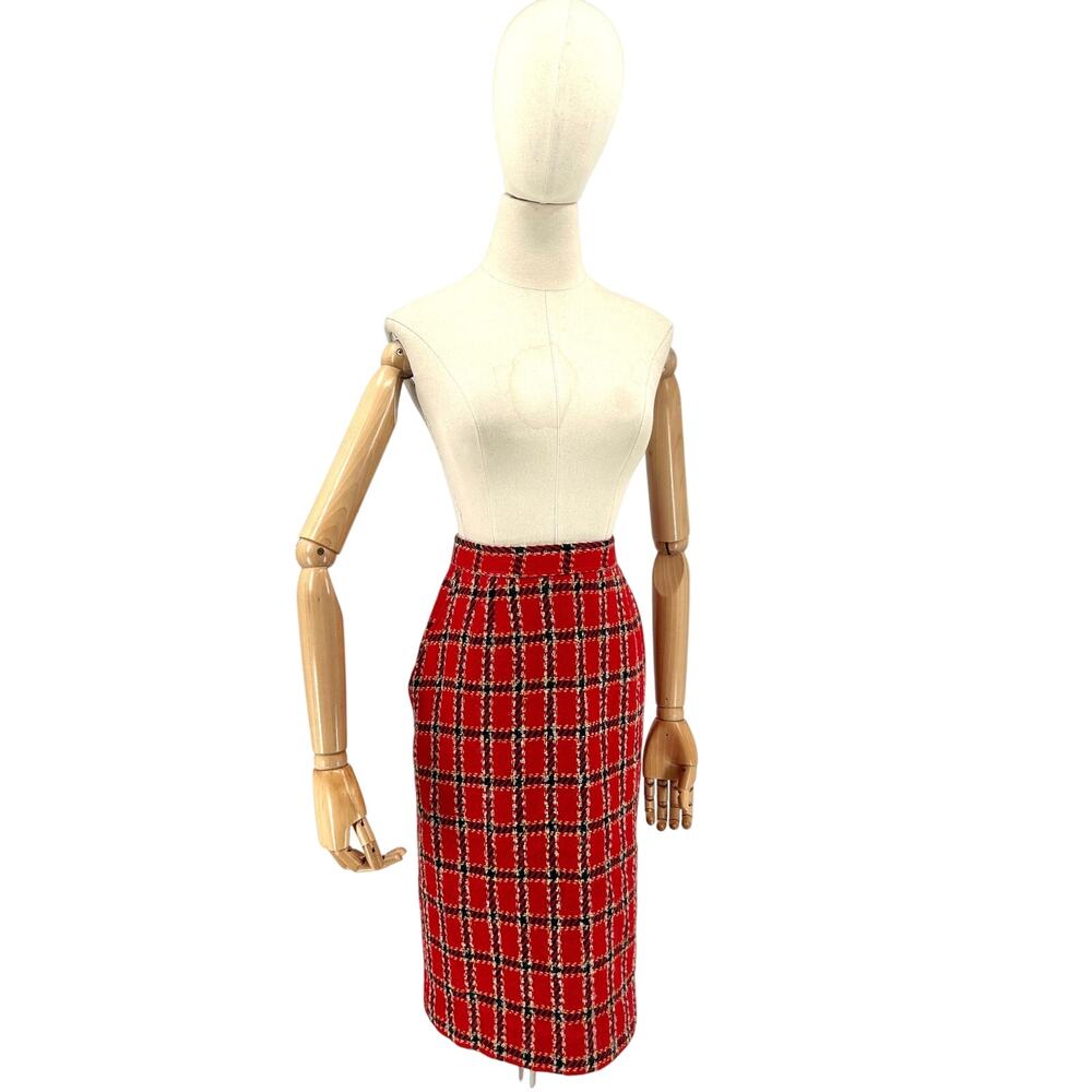 Vintage 80s Evan-Picone Red Black Plaid 100% Wool Academia Pencil Skirt